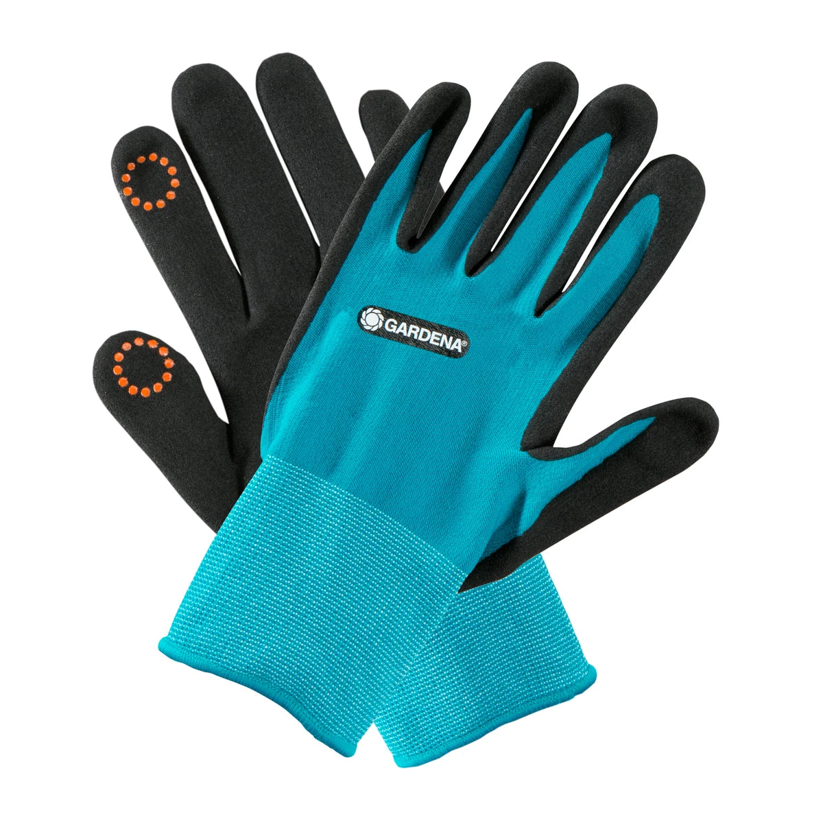 GARDENA Planting and Soil Gloves showing nitrile palms and Mobile Touch fingertips; range photograph
