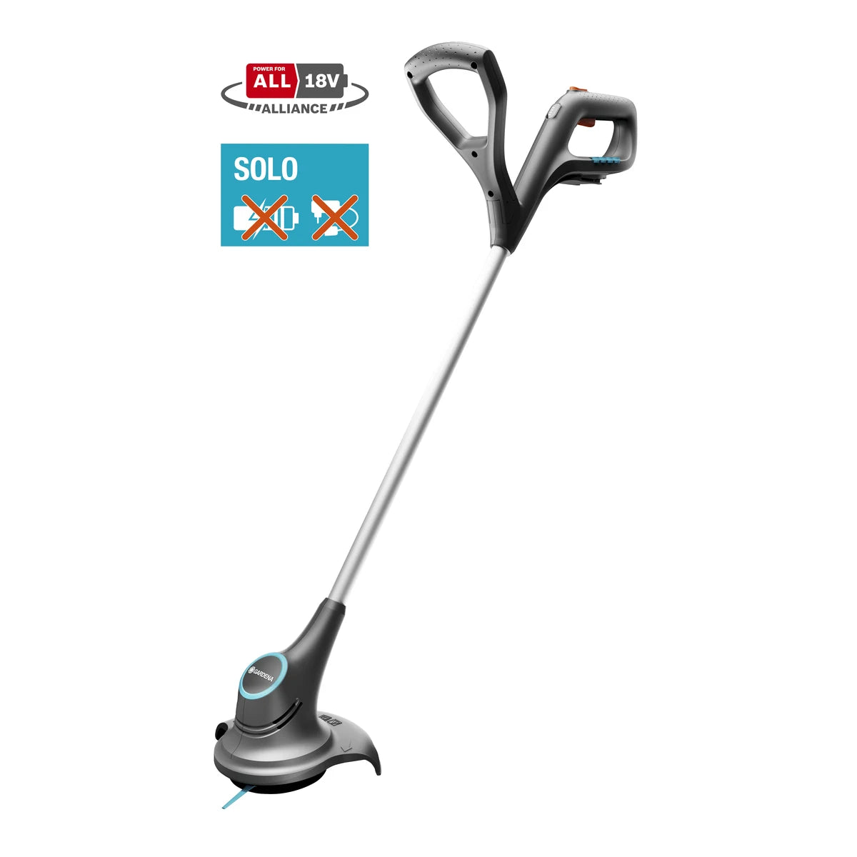 GARDENA SmallCut 23/18V P4A Solo trimmer with battery and charger exclusion symbols
