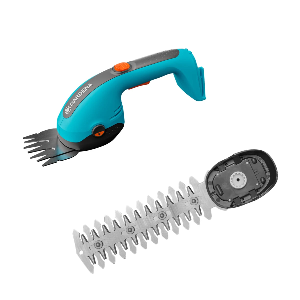 GARDENA PowerCut 20/18V Solo shears with grass blade fitted and shrub blade beside it