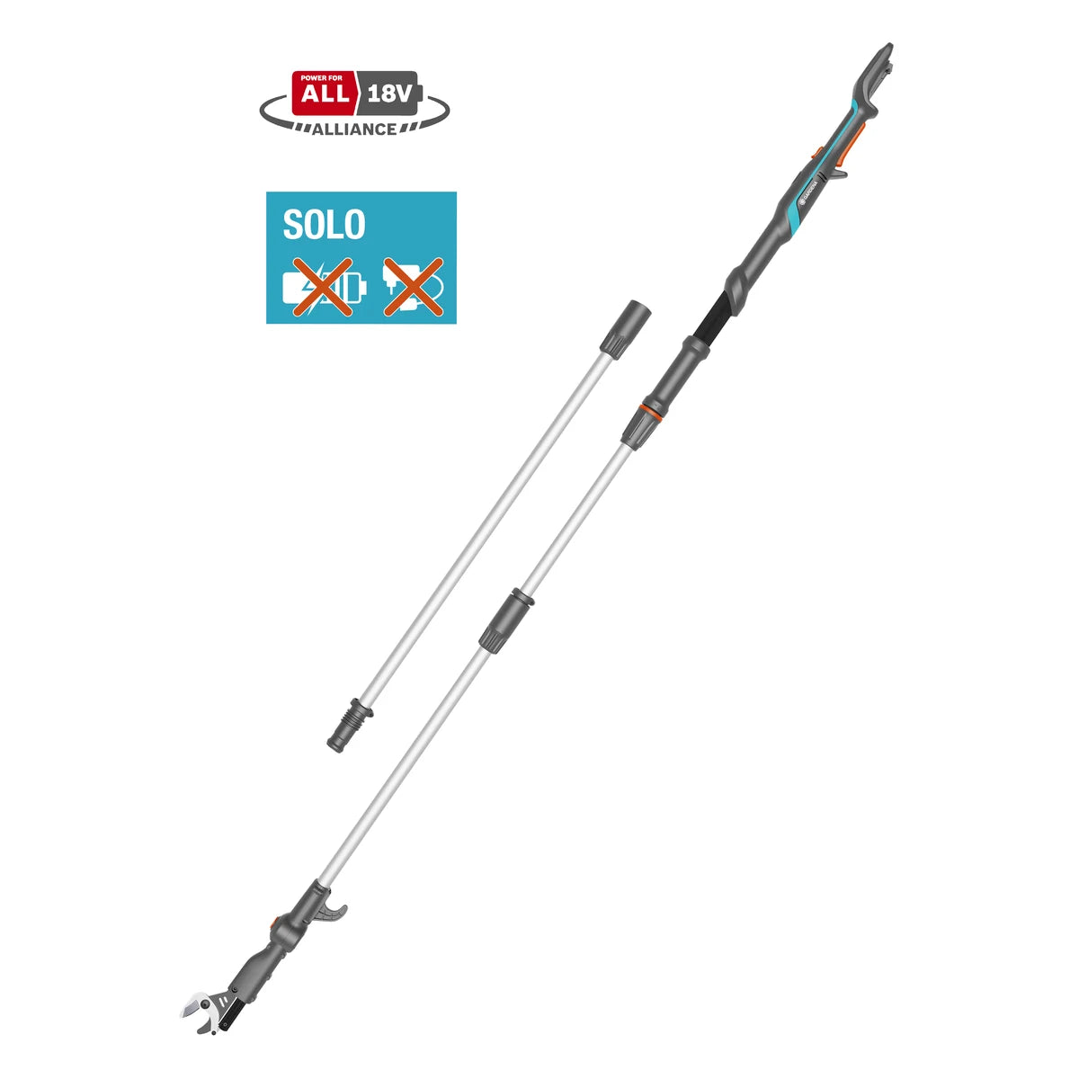 GARDENA HighCut 360/18V Solo telescopic pruner with extension and battery exclusion symbols