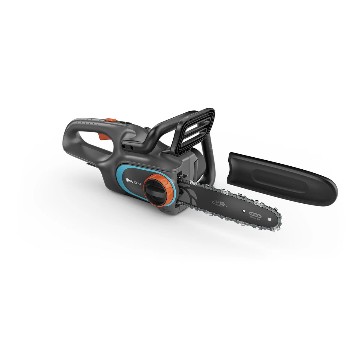 GARDENA PowerSaw 250/18V Solo chainsaw with bar cover beside the chain