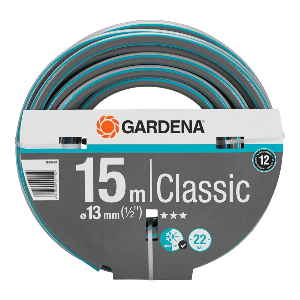 GARDENA Classic 13 mm hose coiled in packaging labelled 15 m