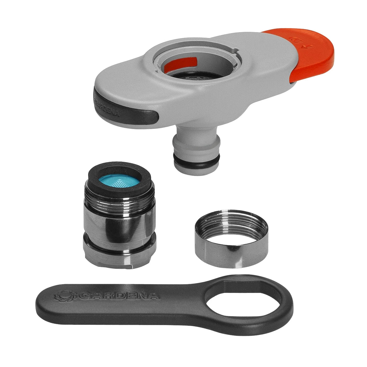 GARDENA indoor tap connector with threaded adapters and fitting spanner