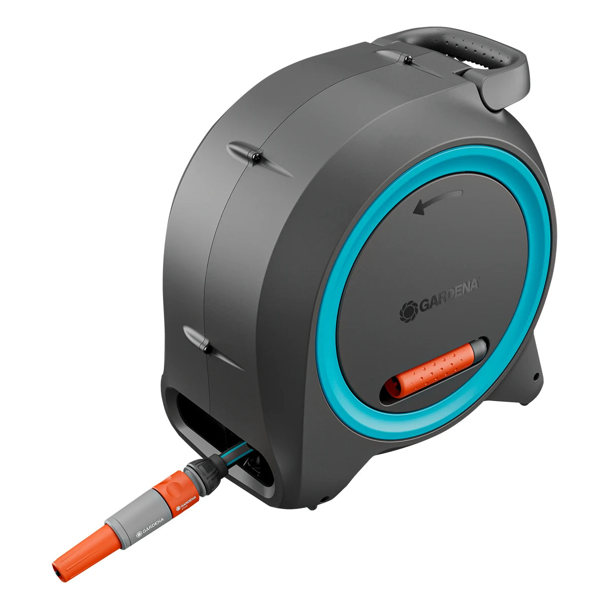 GARDENA Dual 25 m hose box with carrying handle and folded manual winding crank