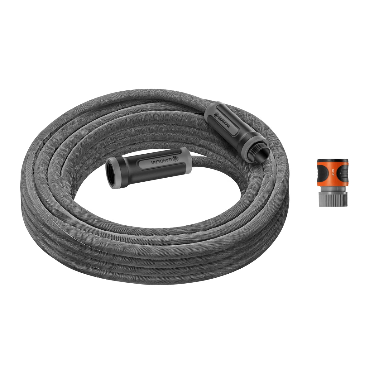 GARDENA Liano 15 m textile hose coiled with hose-end fittings and Water Stop