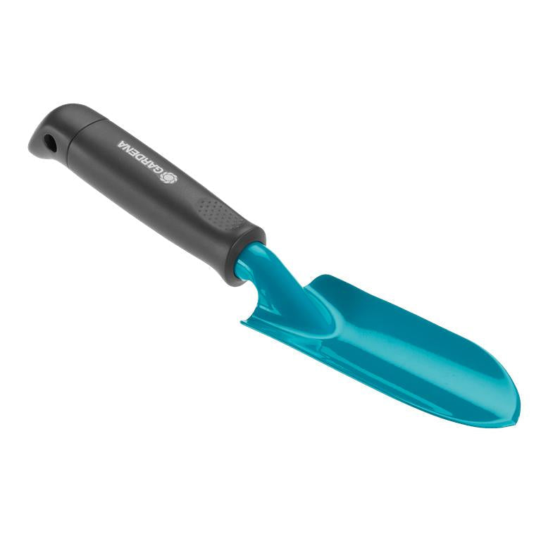 GARDENA narrow hand trowel with blue blade and dark handle