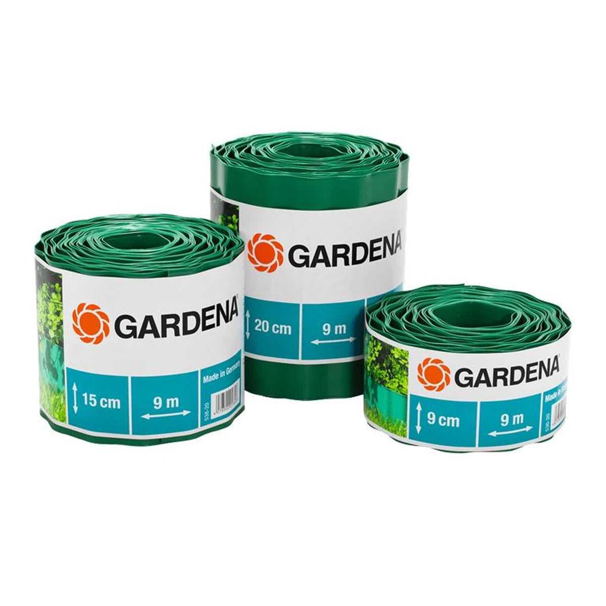 GARDENA Lawn Edging, Green 9m Roll, 15cm High – three rolled sizes on display