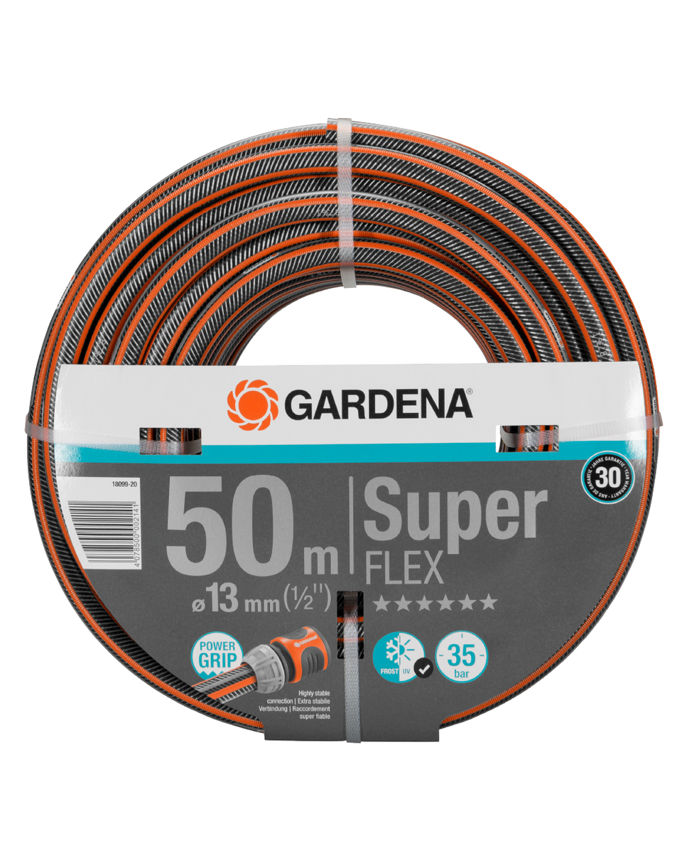 GARDENA Premium SuperFLEX hose 13 mm x 50 m shown in retail packaging