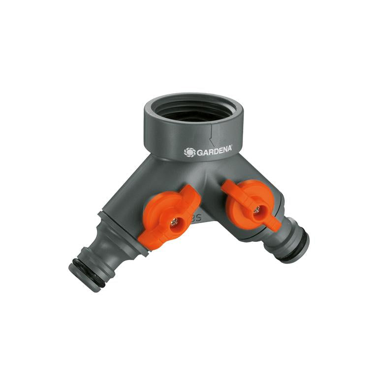 GARDENA twin tap connector with two orange flow controls