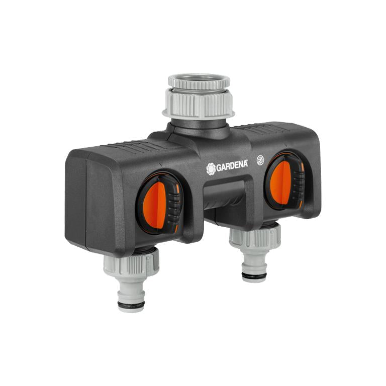 GARDENA two-outlet tap connector with separate orange controls