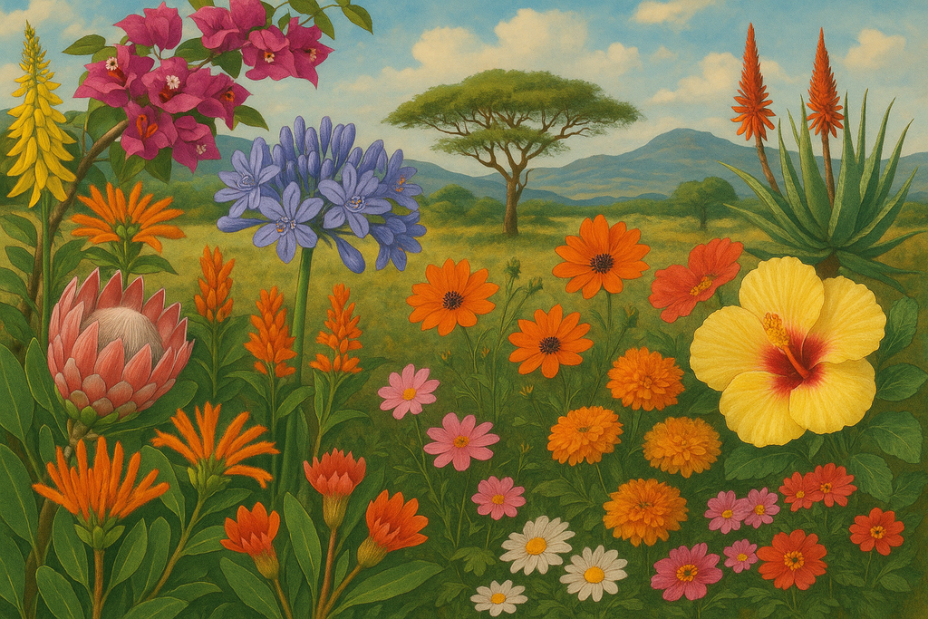 Stunning collage of South African flowering plants showing year-round garden color with indigenous and exotic species