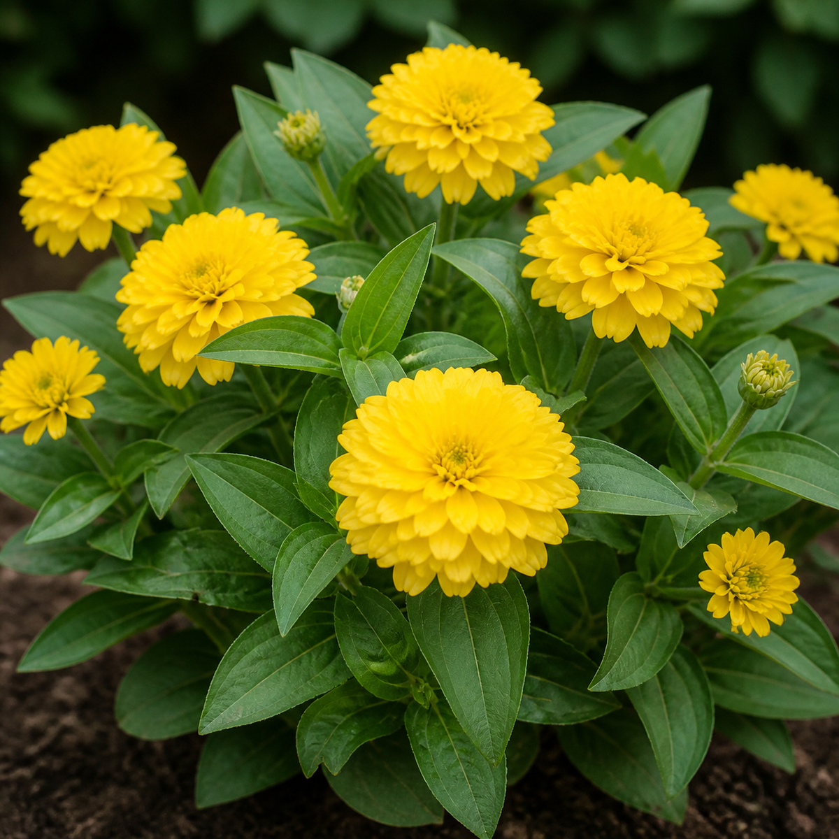 Yellow double Zinnia Zahara flowers on a compact green plant