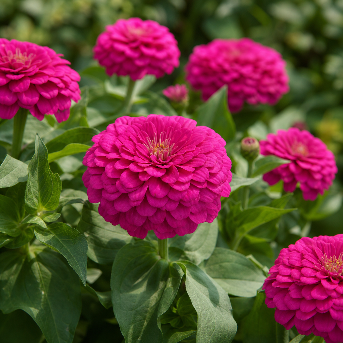 Bright pink double Zinnia Zesty flowers in bloom
