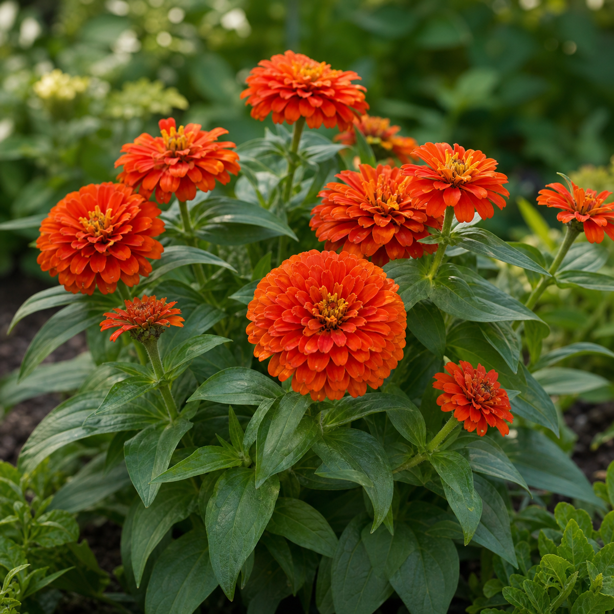 Scarlet double Zinnia Zesty flowers on a compact green plant