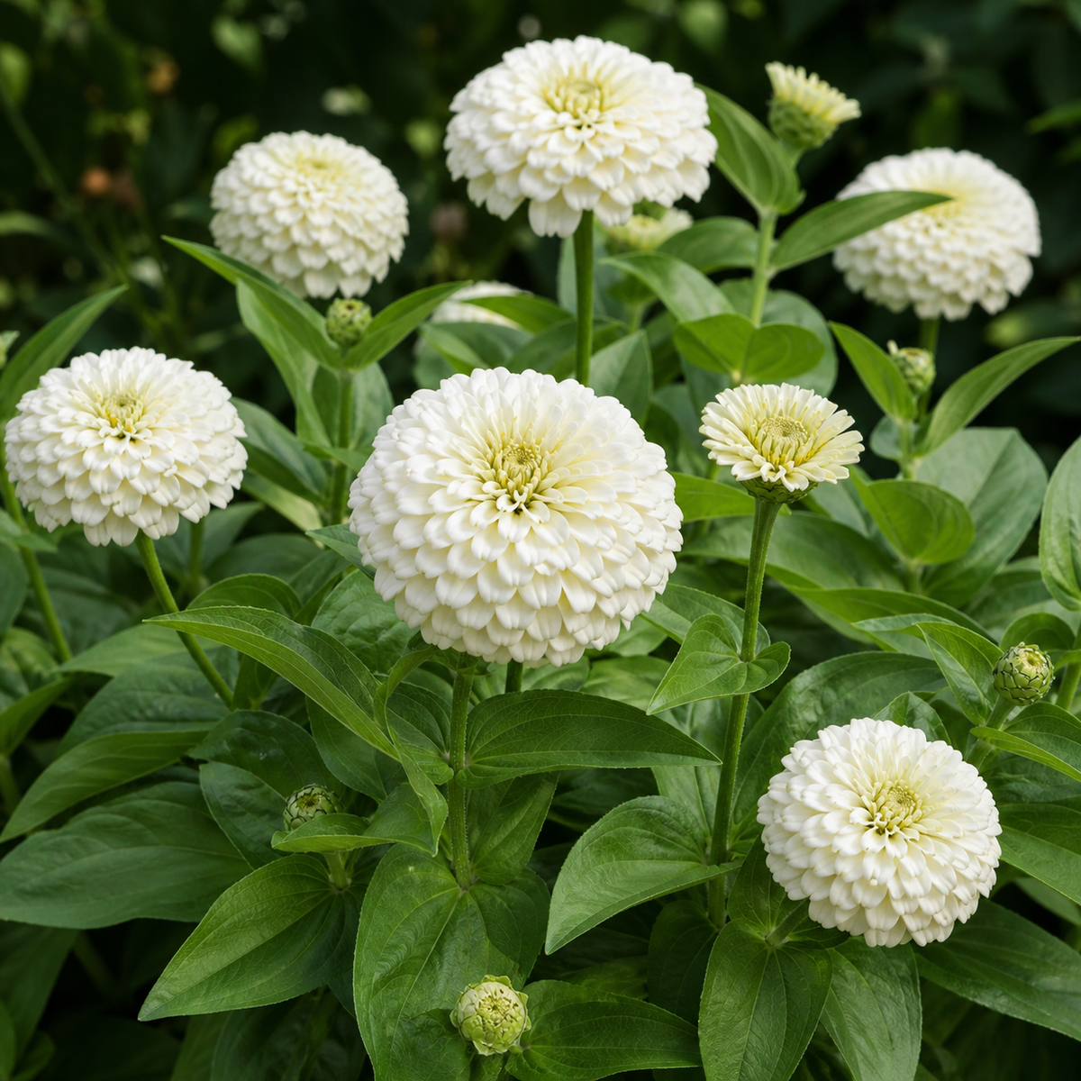 White double Zinnia Zesty flowers on a compact green plant