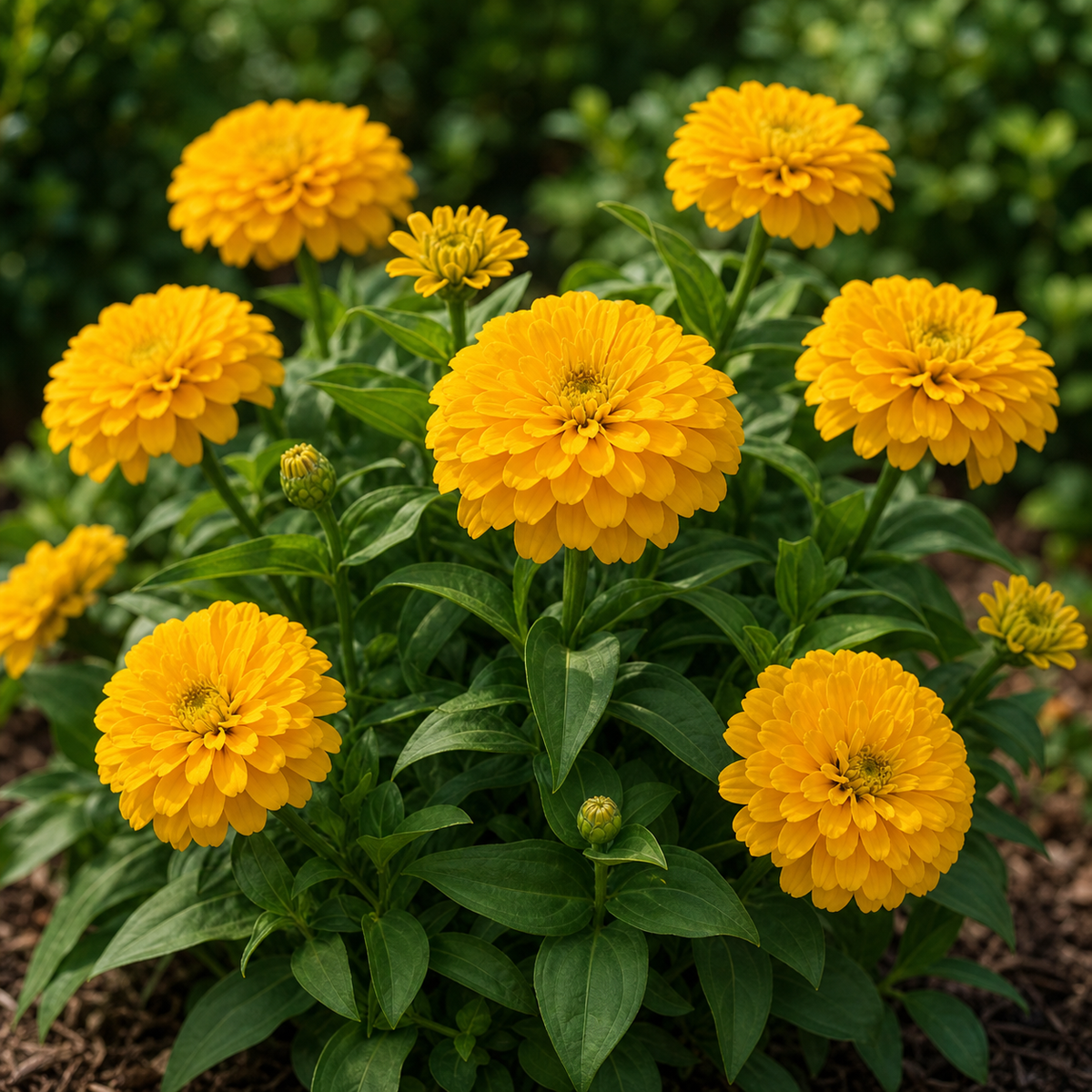 Golden yellow double Zinnia Zesty flowers on a compact green plant