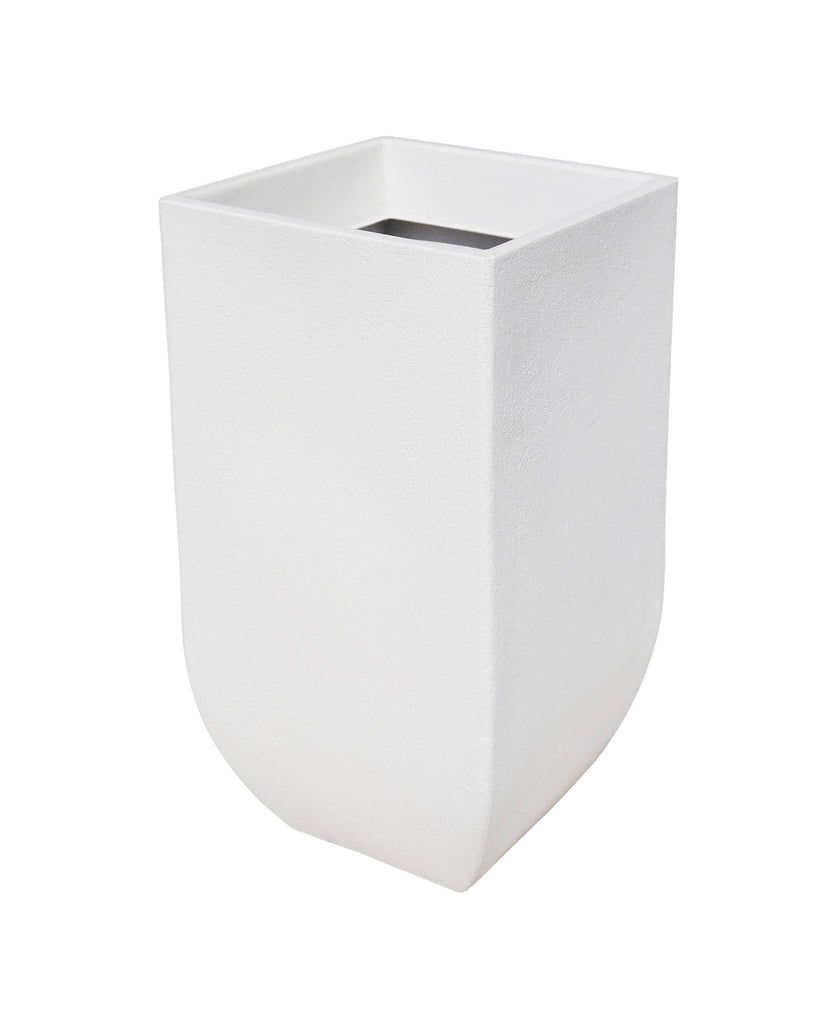 side angled view of the Japi verticale square planter, tall,upright,off-white.