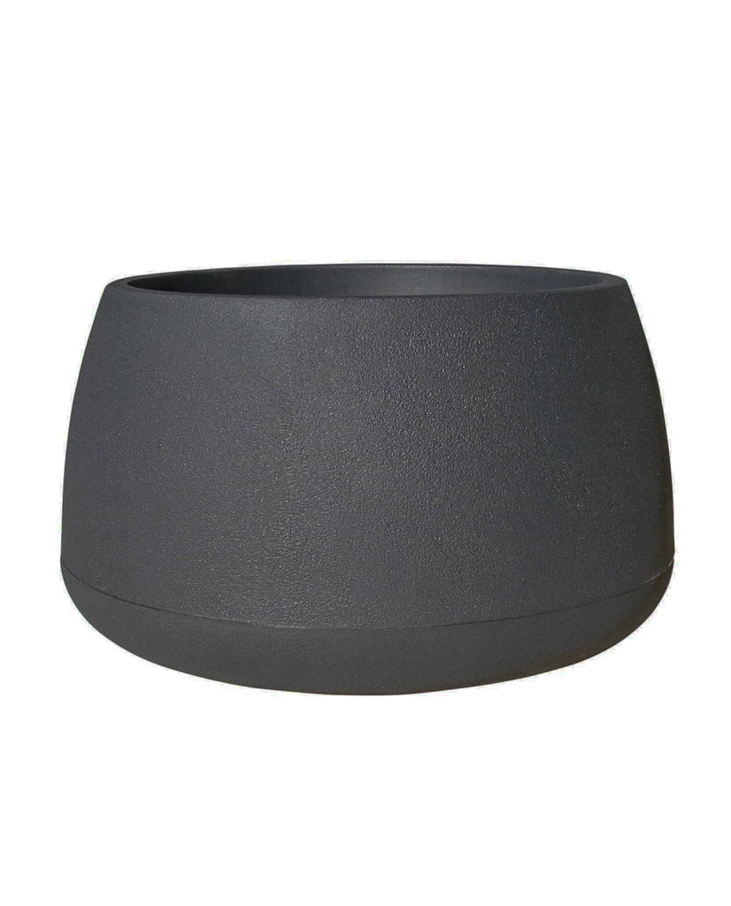 Low rise modern contemporary plant pot with stunning slightly textured finish, and wide neck for planting. Colour Lead (black)