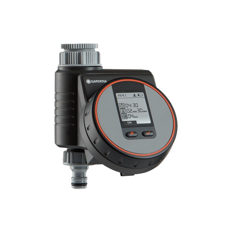 Angled view of GARDENA Water Timer Flex with circular display