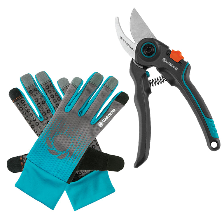 GARDENA ExpertCut bypass secateurs with the included planting gloves