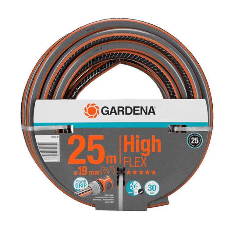 Front view of packaged GARDENA Comfort HighFLEX 19 mm × 25 m hose coil