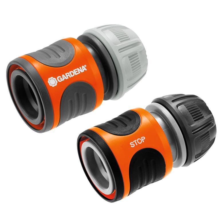 GARDENA 13 mm hose connection set showing standard and water-stop connectors