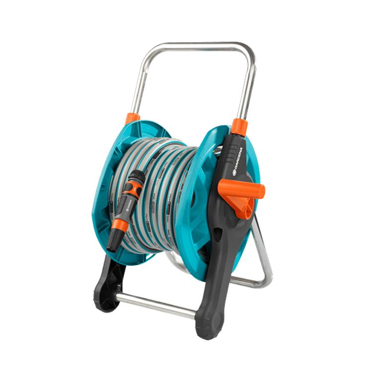 GARDENA hose reel set with hose and nozzle on white background