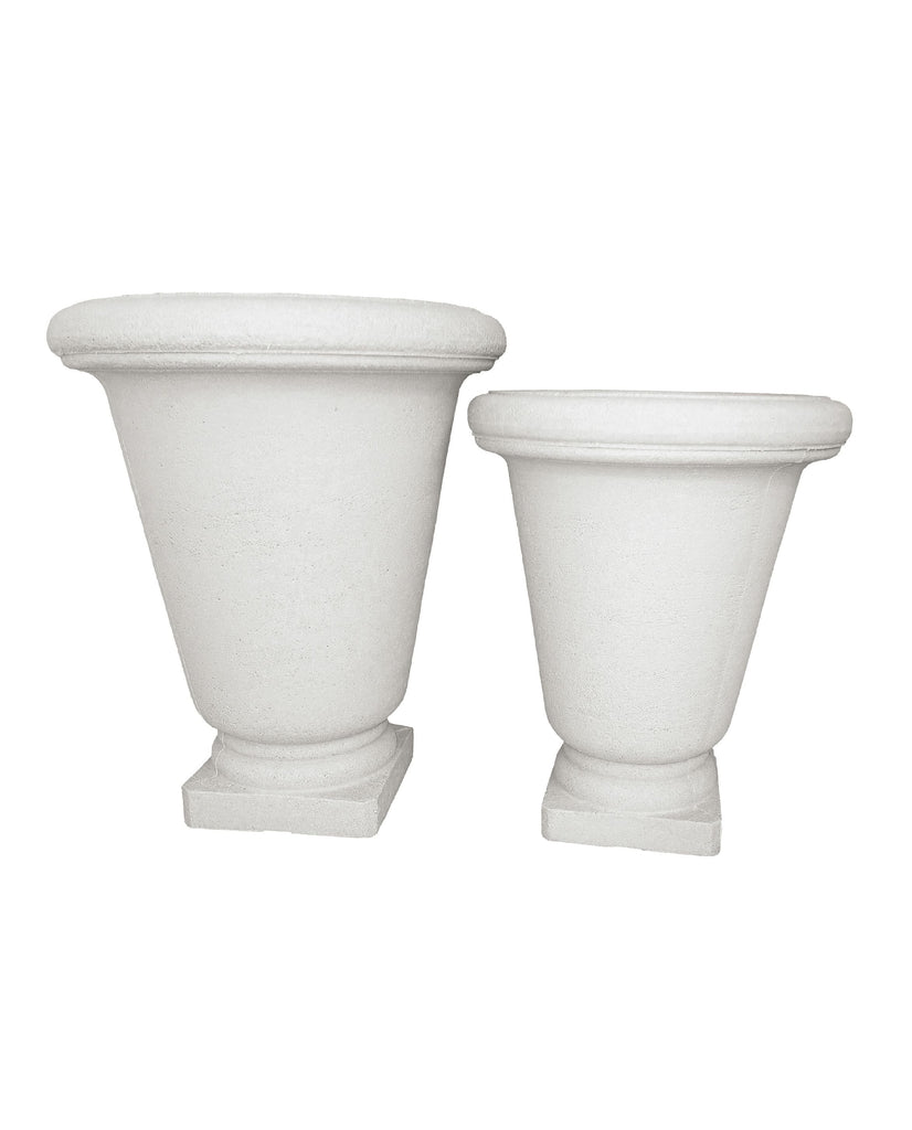 Classic style Japi Planters, Bell Urn in the colour  Off-white.  Large and Medium side by side. Profile view showing off the beautiful urn shape