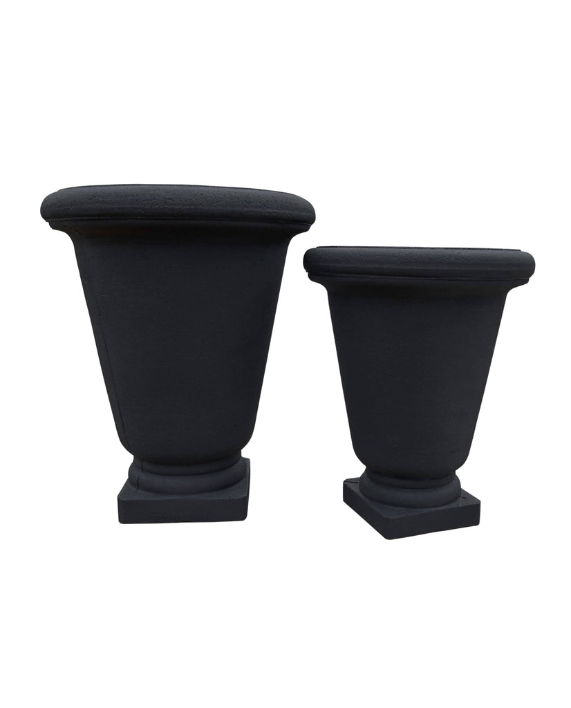 Classic style  Japi Planters, Bell Urn in the colour Lead. Large and Medium side by side. Profile view  showing off the beautiful  urn shape 