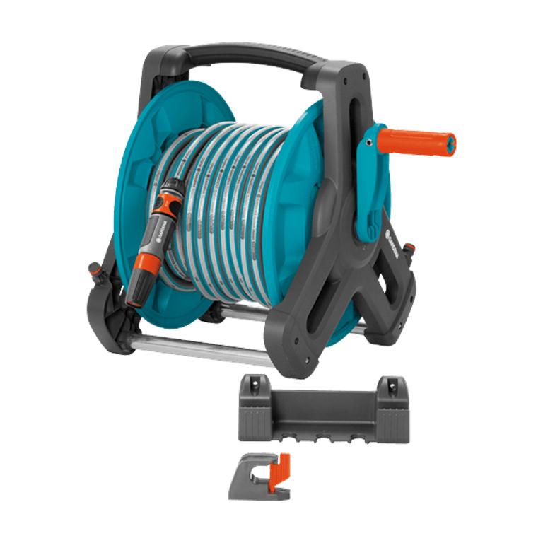 GARDENA Wall-Fixed Hose Reel 50 Set with hose, spray nozzle and wall mount