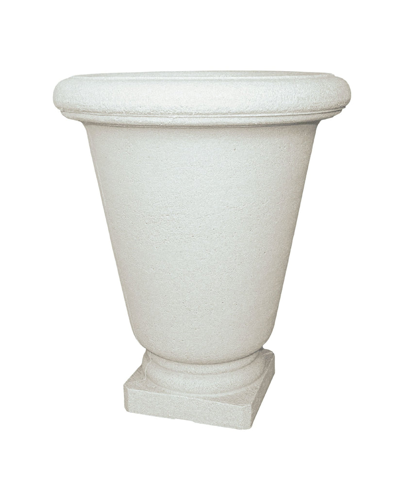 Classic Bell Urn, front view showing great texture in the plant pot similar to that of concrete. Beautiful upside-down bell shape and rounded rim. Natural sandstone colour