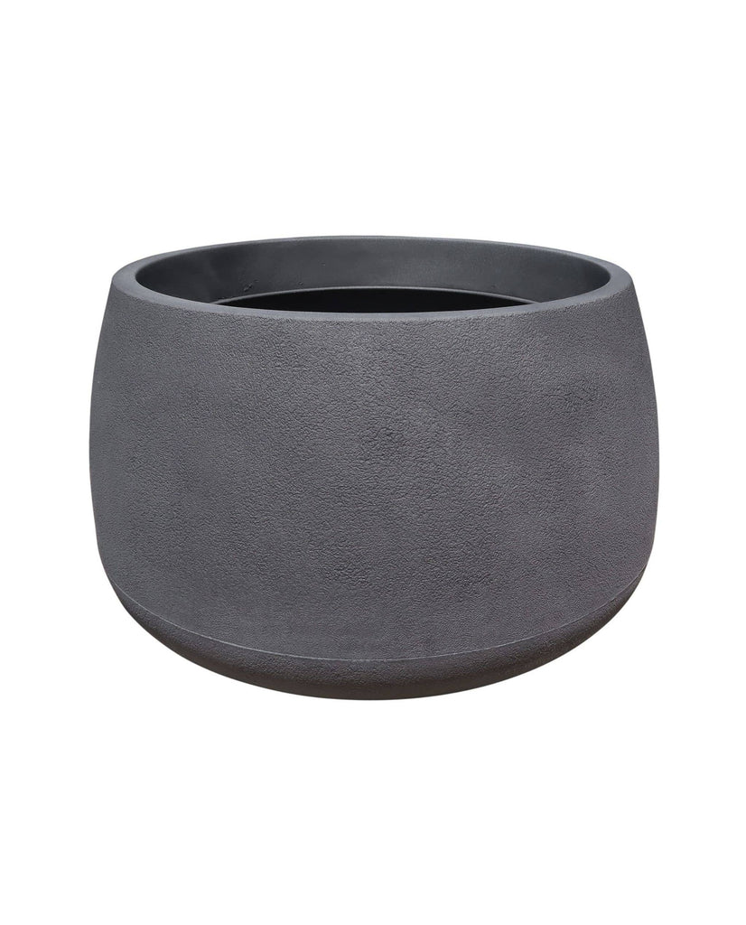 Low rise modern contemporary plant pot with stunning slightly textured finish, and wide neck for planting. Colour Black Slate