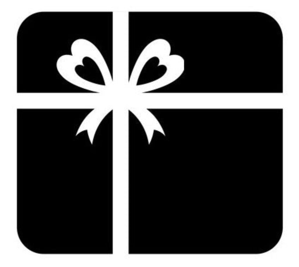 Black box with a white bow, gift card logo.  Gift for someone special.