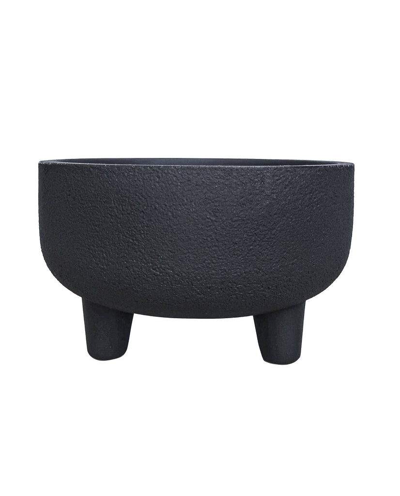 Side view of the Rustic Low planter showing the short legs and deeper pot in the colout Lead (black)