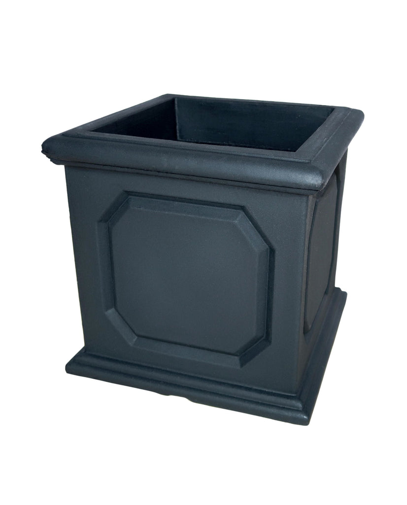 Side angle of the modern classic versailles square planter, embossed design, colour Lead (black) 